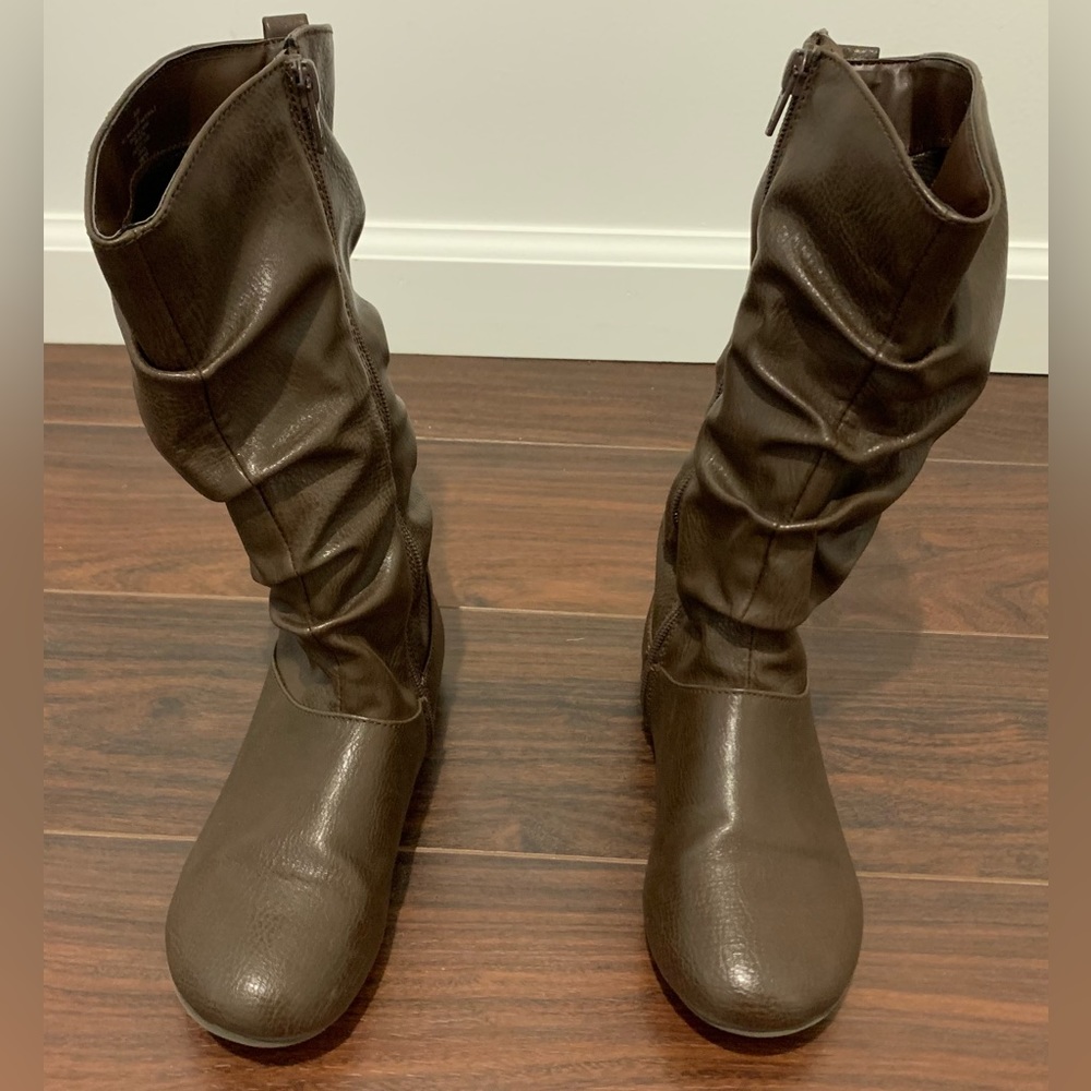 Justice Girls Faux Leather Brown Knee High Flat Boots Cinched Side Zipper Size 2